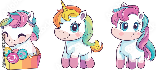Three adorable cartoon unicorns with colorful manes and tails in a whimsical fantasy illustration