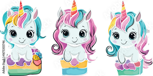 Three adorable cartoon unicorns with colorful manes and tails sitting on cakes isolated on white