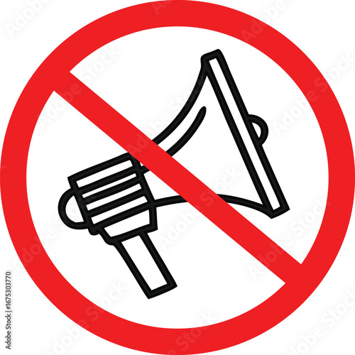 No megaphone icon with red prohibition sign representing silence, no announcements, and restriction of loudspeakers for noise control in public and private areas.