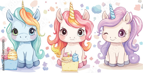 Three adorable cute cartoon unicorns with colorful manes and tails sitting together in a whimsical fantasy setting