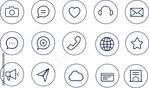 Set of round line icons including camera, chat, heart, mail, phone, globe, and cloud, minimalist outline design for social media, communication, and technology interface in modern style.