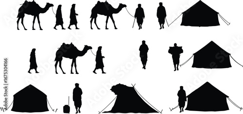 Nomad silhouettes, camel caravan, desert travel, Bedouin people, tents, journey, migration, Middle East, adventure, camping, traditional culture, black vector illustration