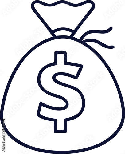 Money bag with dollar symbol line art illustration, minimalist financial icon for banking, savings, investment, and wealth concept, simple outline design for business and economic themes.