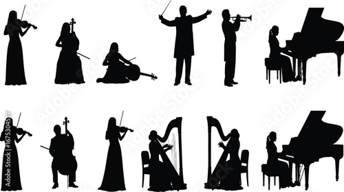 Orchestra silhouettes, musicians playing violin, cello, harp, trumpet, piano, conductor leading symphony, classical music performance, elegant instrumental concert illustration
