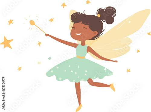 Joyful young black girl with wings and magic wand creating sparkling stars in a whimsical illustration