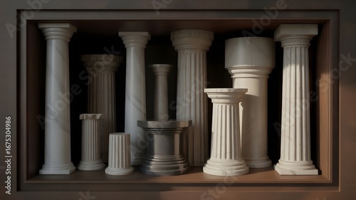 Ancient Greek Roman columns architecture classical stone pillars antique ruins historic sculpture ornamental heritage marble 3d render background