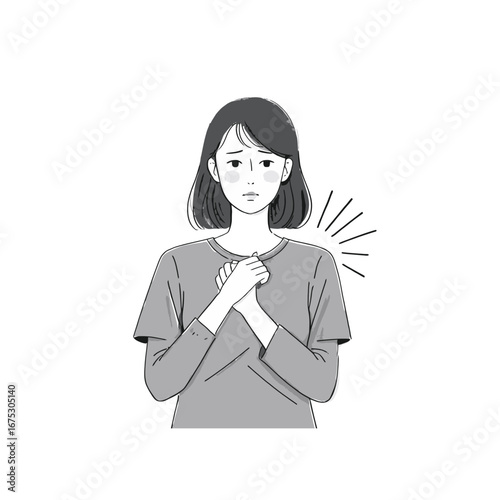 Vector art of woman holding chest with worried expression