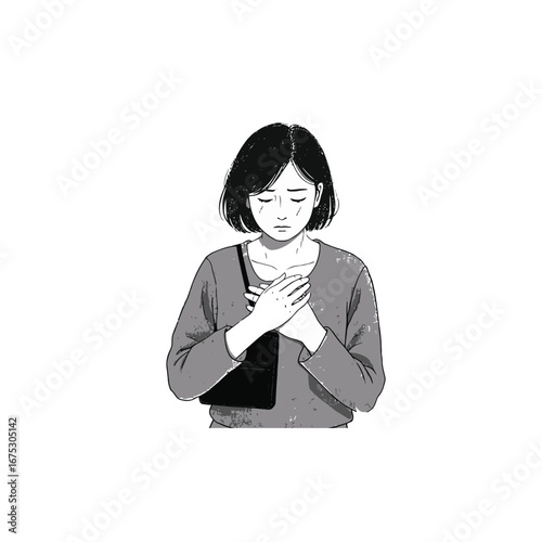 Vector art of woman holding chest with worried expression