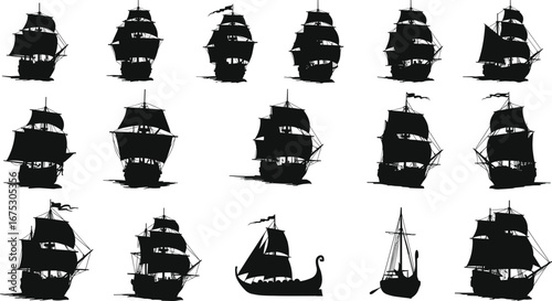 Sailing ship silhouettes, old galleon boats, antique vessels, pirate ships, Viking ship, maritime illustration, navy fleet, vintage nautical vector
