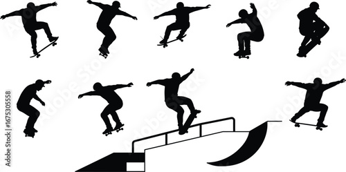 Skateboard silhouettes, skater tricks, skate park, jumping, ramp, rail grind, extreme sport, urban lifestyle, youth culture, vector illustration