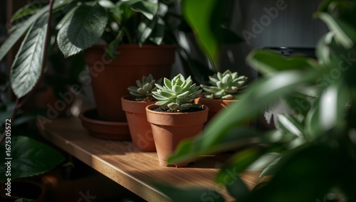 Terracotta pots with succulents sit on a wooden shelf amidst lush greenery, bathed in sunlight.