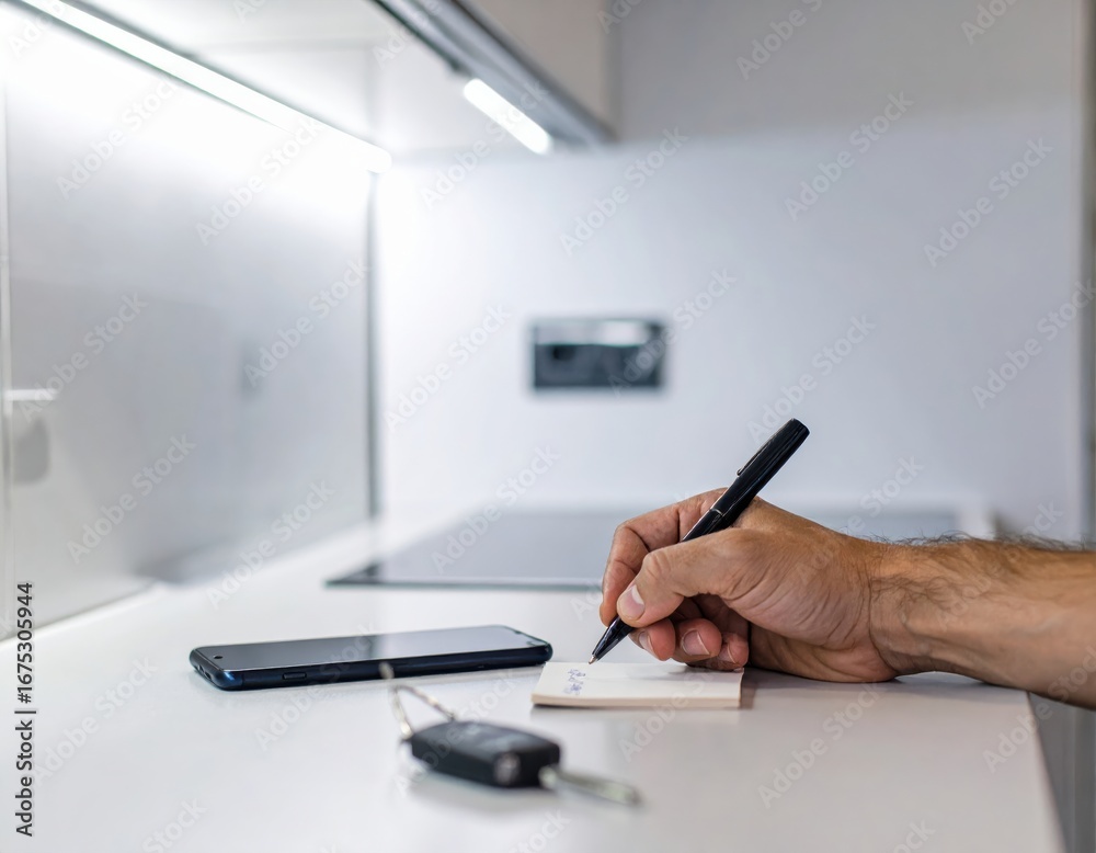 Fototapeta premium Planning at Home: Keys, Phone, and Notepad on White Counter