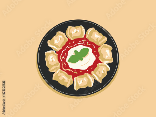 Vector art of plate of dumplings with red sauce and sour cream, top view
