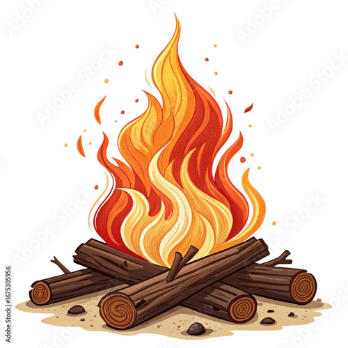 Inviting campfire burning brightly, perfect for camping designs, wilderness adventures, or cozy autumn scenes, bringing warmth and light