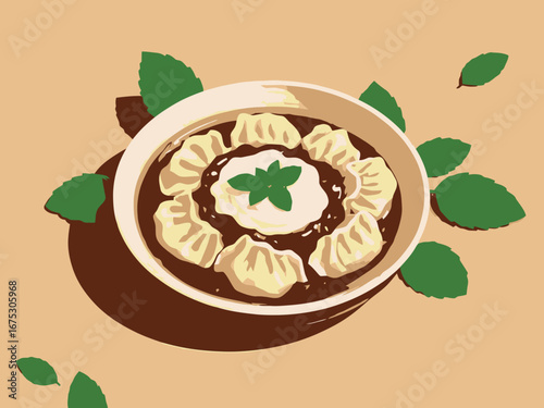 Vector art of bowl of dumplings in broth with fresh basil leaves