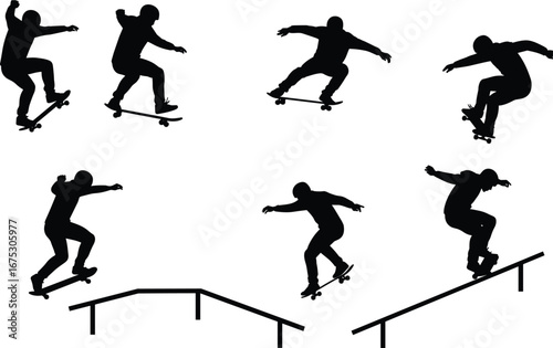 Skateboarding silhouettes, skater tricks, rail grind, jumping, ramp, street sport, urban lifestyle, extreme skateboarding, youth culture, black vector illustration