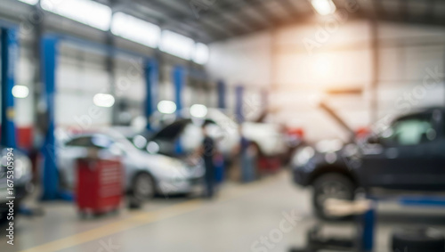 Wallpaper Mural Blurred auto repair shop interior with cars, lifts, and tools, creating a dynamic view of industrial automotive work, mechanics in action, and the organized layout of the garage environment. Torontodigital.ca