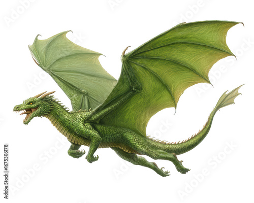 Green dragon fantasy creature with large wings, detailed scales, and fierce expression, flying in midair, mythical animal illustration, magical and powerful presence