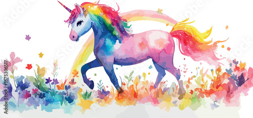 Vibrant watercolor painting of a majestic unicorn with a rainbow mane and tail amidst colorful flowers