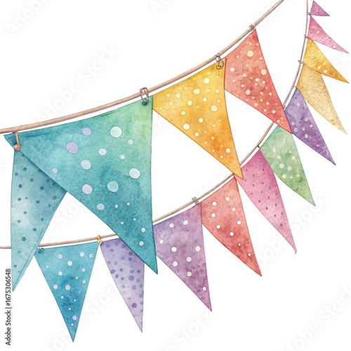 Festive watercolor bunting banner with polka dots for birthday celebrations and cheerful decorative designs, adding a touch of whimsy