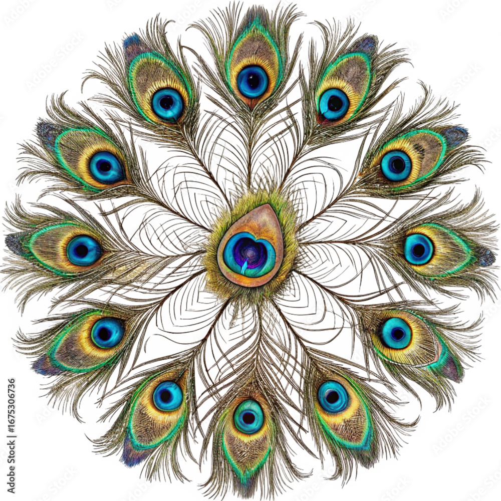 Obraz premium Exotic peacock feathers create a stunning and vibrant kaleidoscope pattern perfect for elegant designs and luxurious creative projects
