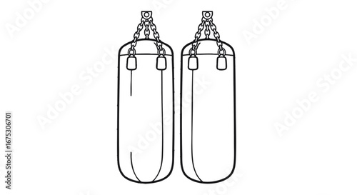 Vector line art illustration of two heavy punching bags for boxing, kickboxing, and gym fitness training, isolated on white background