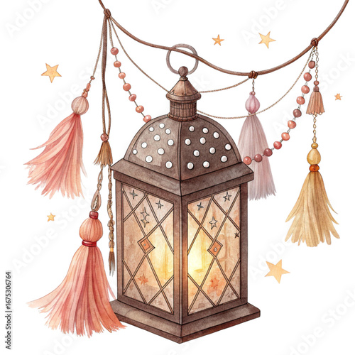 Elegant Ramadan lantern with tassels and stars, perfect for festive greetings and warm wishes during the holy month celebrations