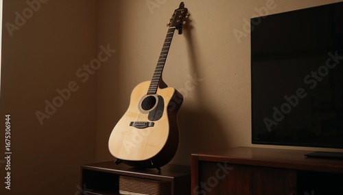 A light-toned acoustic guitar rests on a stand against a beige wall, next to a dark television.