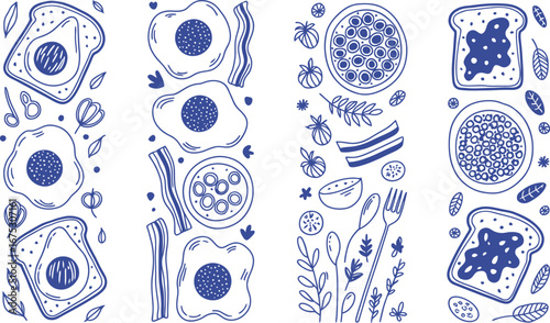 Breakfast food doodles with eggs bacon and toast illustration