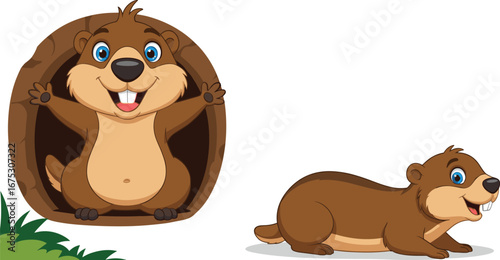 Groundhog Greeting: An adorable groundhog, bursts forth from its burrow, a symbol of spring, its cheerful expression and round form capture the essence of nature's awakening