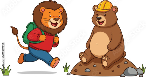 Lion and Bear Friendship: A heartwarming scene depicts a lion carrying a backpack, cheerfully approaching a bear, showcasing a bond of friendship and camaraderie in a delightful cartoon illustration.