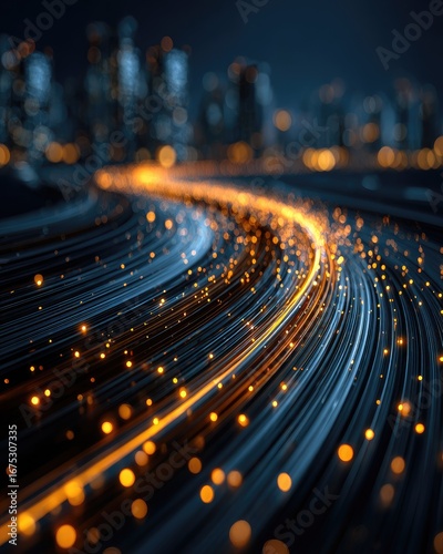 Abstract city lights trail, a swirling path of glowing particles, creating a dynamic energy flow.  Urban skyline in the background