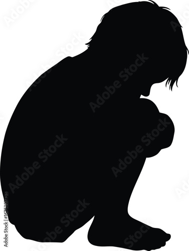 Silhouette of a child crouching on conveying vulnerability and loneliness vector