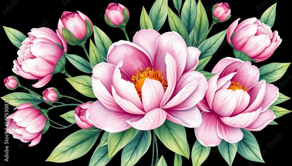 Obraz premium Watercolor peony buds & leaves seamless pattern Elegant hand-drawn floral design, abstract, botanical, pastel, botanical