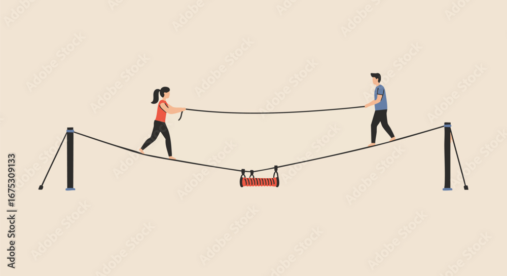 Fototapeta premium Concept of teamwork and partnership with a man and woman finding balance together on a difficult tightrope walk illustration