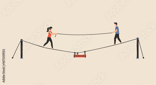 Concept of teamwork and partnership with a man and woman finding balance together on a difficult tightrope walk illustration
