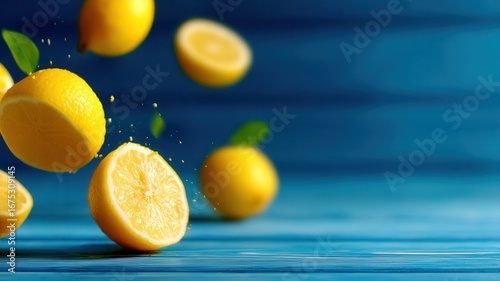 Vibrant yellow lemons dropping, splashing water, green leaves scattered against embodying background, dark citrus freshness