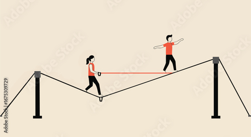 Conceptual illustration of two people balancing on a tightrope, symbolizing partnership, risk management, and overcoming business challenges together