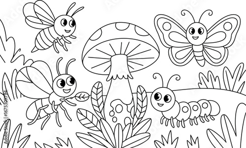 Adorable Cartoon Insects Coloring Page: Bee, Butterfly, Caterpillar, Mushroom
