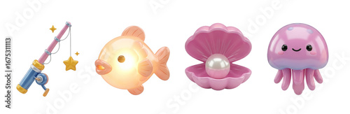 Colorful cartoon-style ocean-themed objects including a fishing rod, fish, clam with a pearl, and jellyfish.