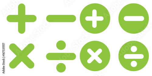 Four basic mathematical operation symbols plus minus multiply and divide. Addition, subtraction, multiplication, division sign, icon symbol. eps 10