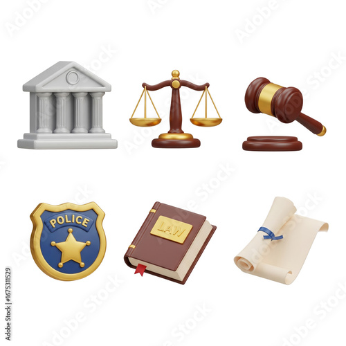 A collection of legal-themed emojis including a courthouse, scales of justice, gavel, police badge, law book, and scroll.