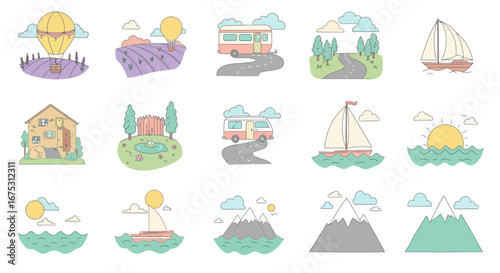 Collection of Hand-Drawn Travel Icons - Houses, Boats, Landscapes, and Vehicles.