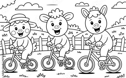 Happy piglets riding bicycles, cheerful cartoon, black and white coloring page.