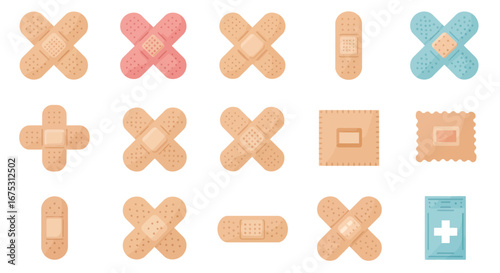 Collection of Assorted Adhesive Bandages in Various Shapes and Colors.