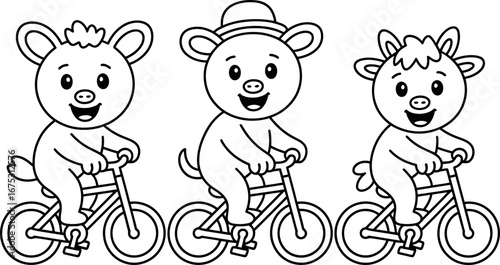Happy piglets riding bicycles: cheerful, line art children's illustration.