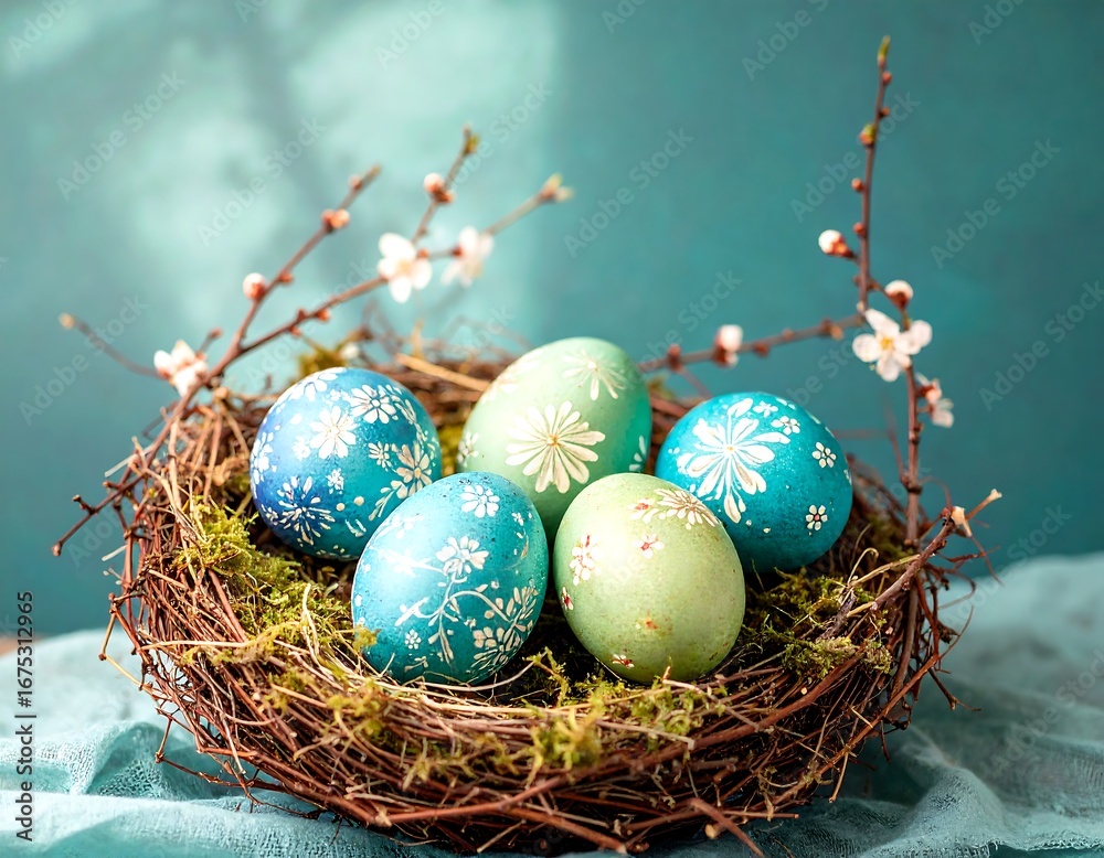 Obraz premium Easter eggs nest spring backdrop