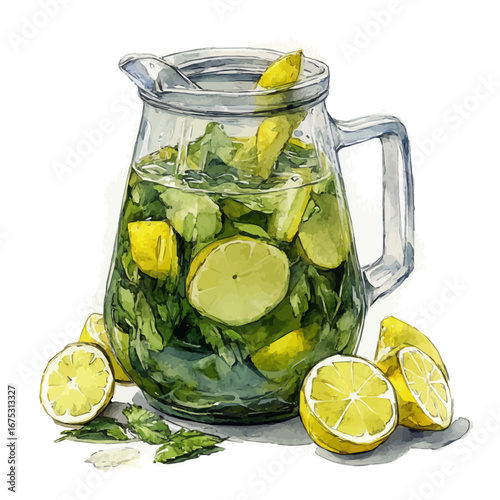 Lemonade Pitcher, watercolor drawing vector, isolated on a white background.