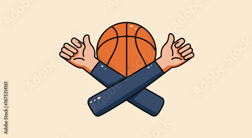 Vector illustration of crossed arms with thumbs up in front of a basketball, a concept of approval and love for the sport