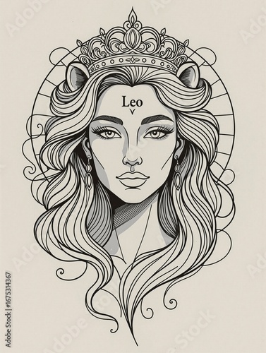 Illustration of a Leo woman with long hair and crown design. Astrology